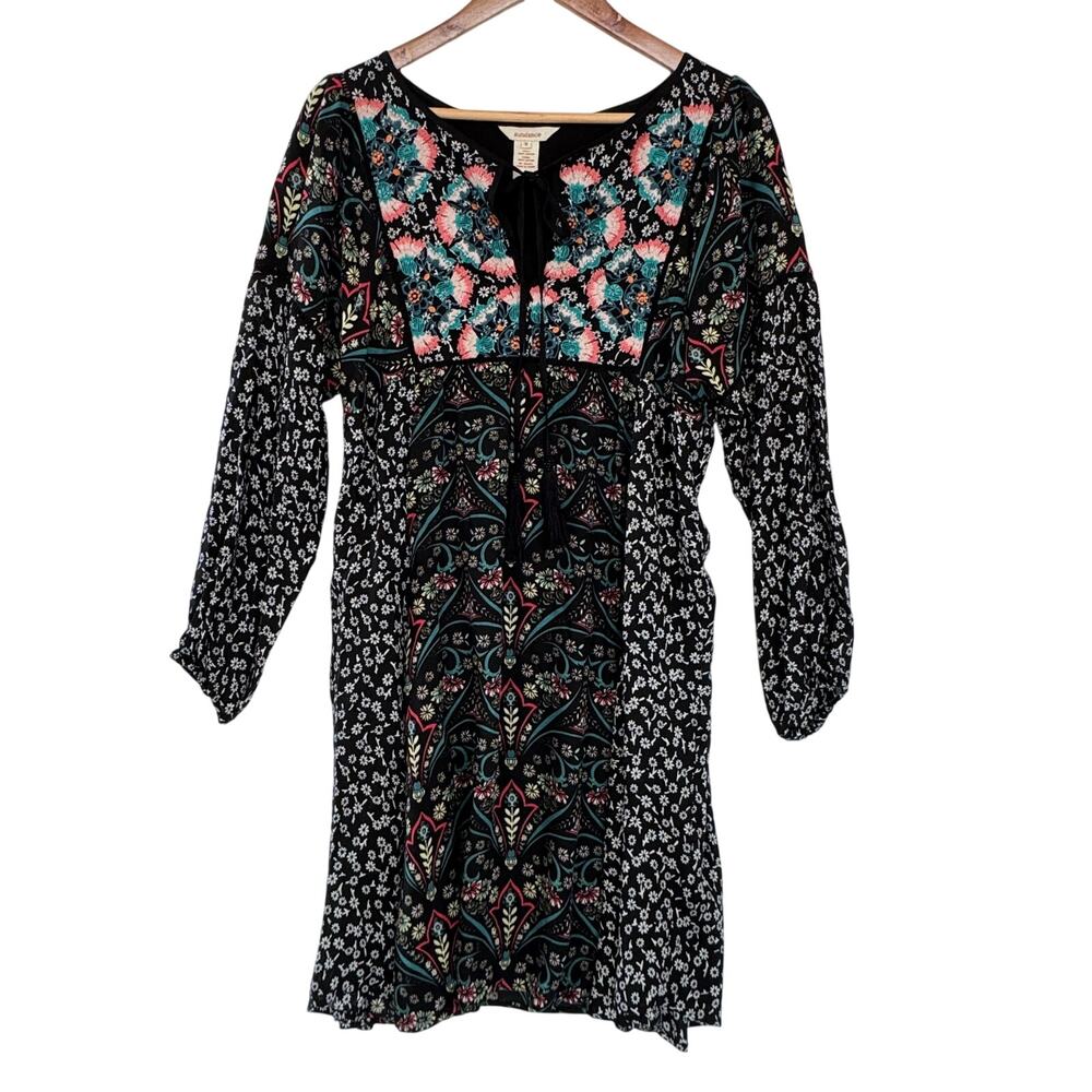 Sundance Chelsea long sleeve embroidered black boho floral dress, size S